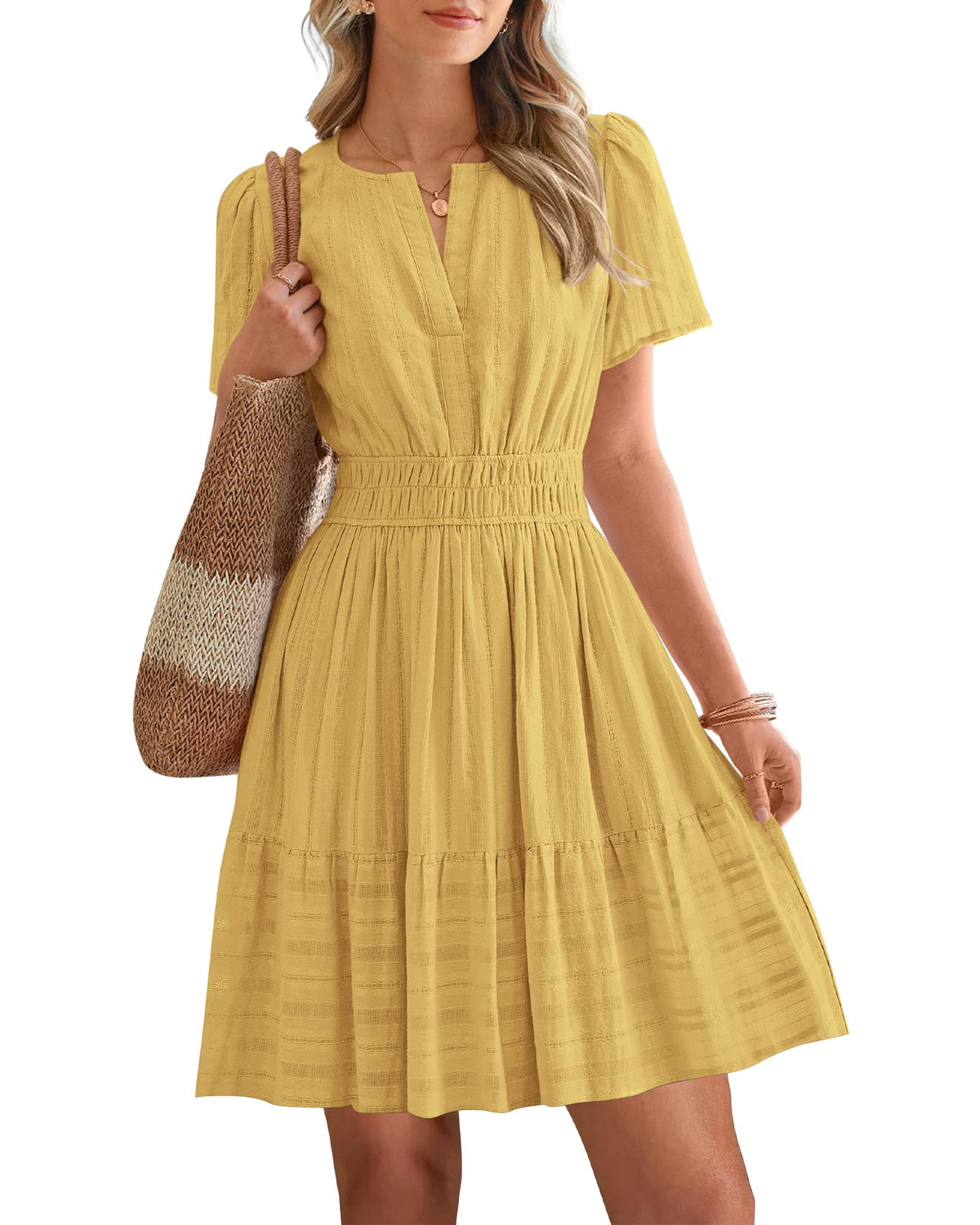 Women's V-Neck Elastic Waist Tiered Mini Dress