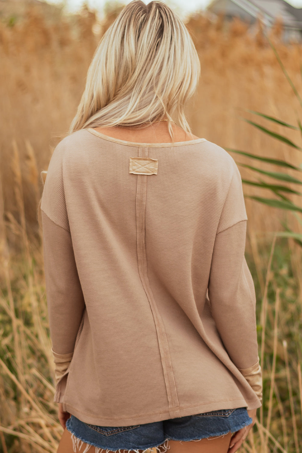 Threaded Pear Blake Waffle Textured Tunic Henley Top with Slits