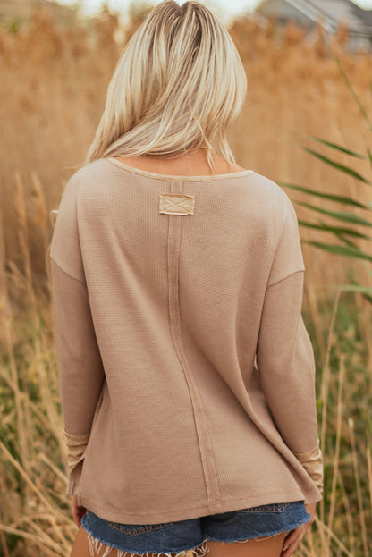 Threaded Pear Blake Waffle Textured Tunic Henley Top with Slits
