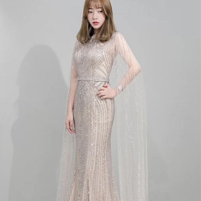 Elegant Fishtail Zipper Floating Sleeve Long Dress | Sophisticated Mermaid Host Gown | High-Sense Evening Party Dress | Luxury Flare Sleeve Formal Gown for Women