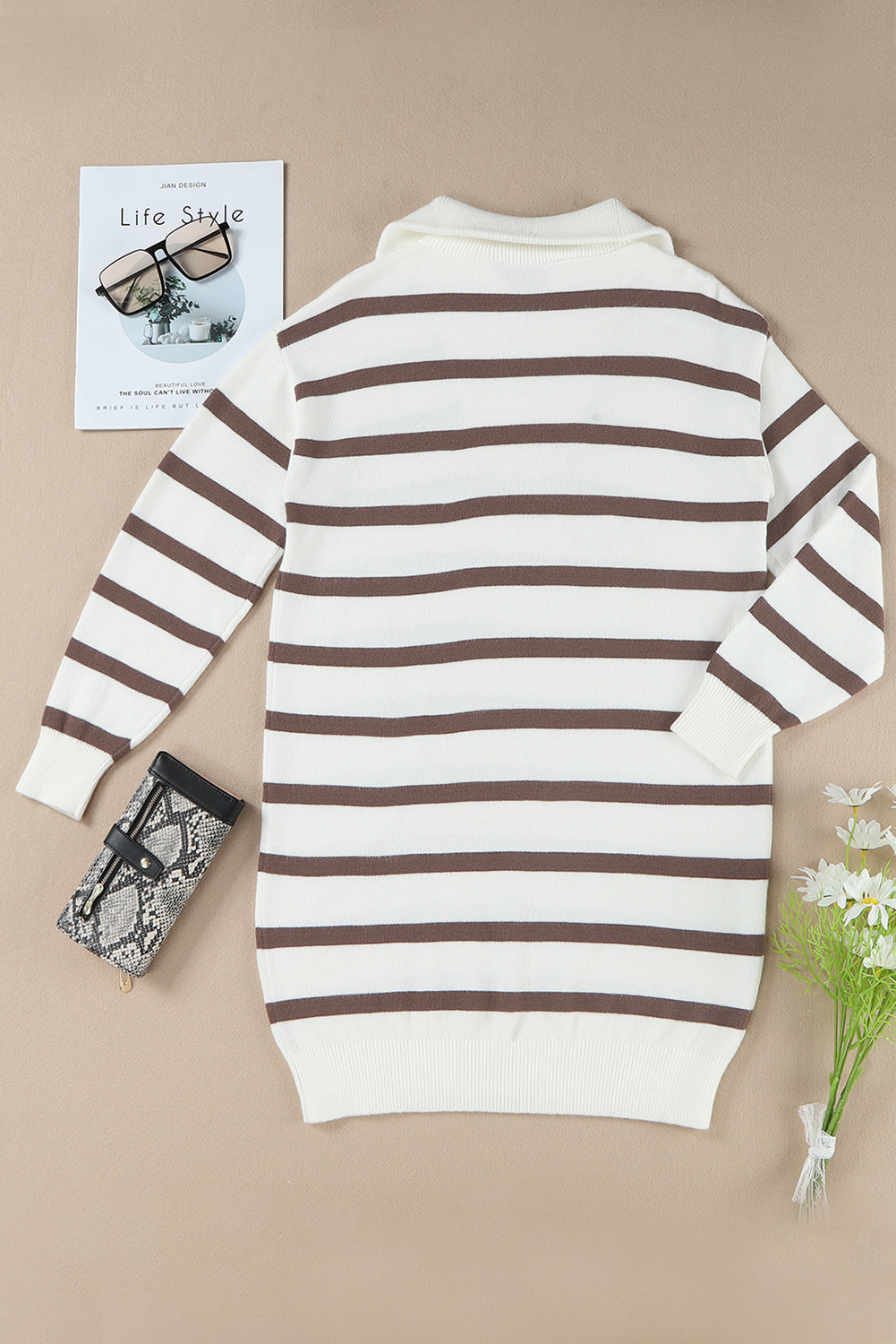 Threaded Pear Iris Striped Zip Collared Loose Sweater Mini Dress