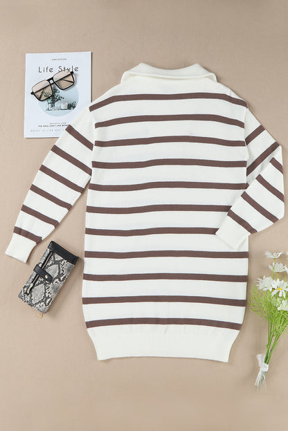 Threaded Pear Iris Striped Zip Collared Loose Sweater Mini Dress