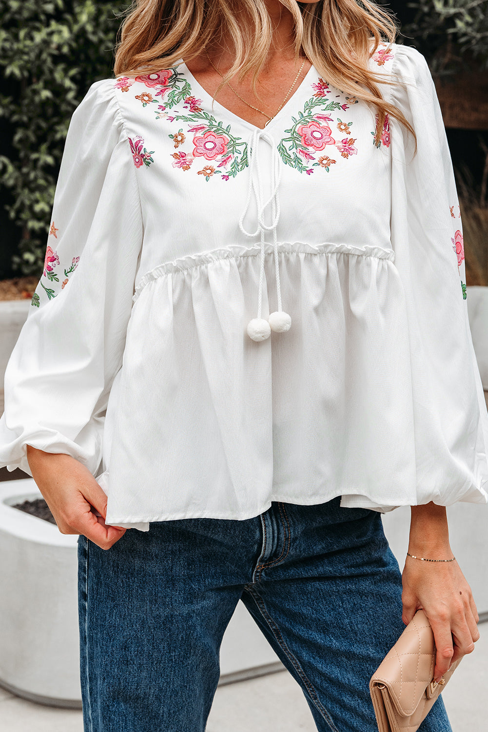 Threaded Pear Skylar Flower Lace-up Babydoll Blouse