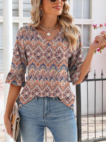✨Womens 3/4 Length Sleeve V-Neck Eyelet Casual Ruffle Sleeve Tunic Blouses