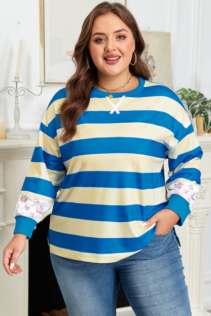 Threaded Pear Blue Stripe Floral Color Block Drop Shoulder Plus Size Pullover Top