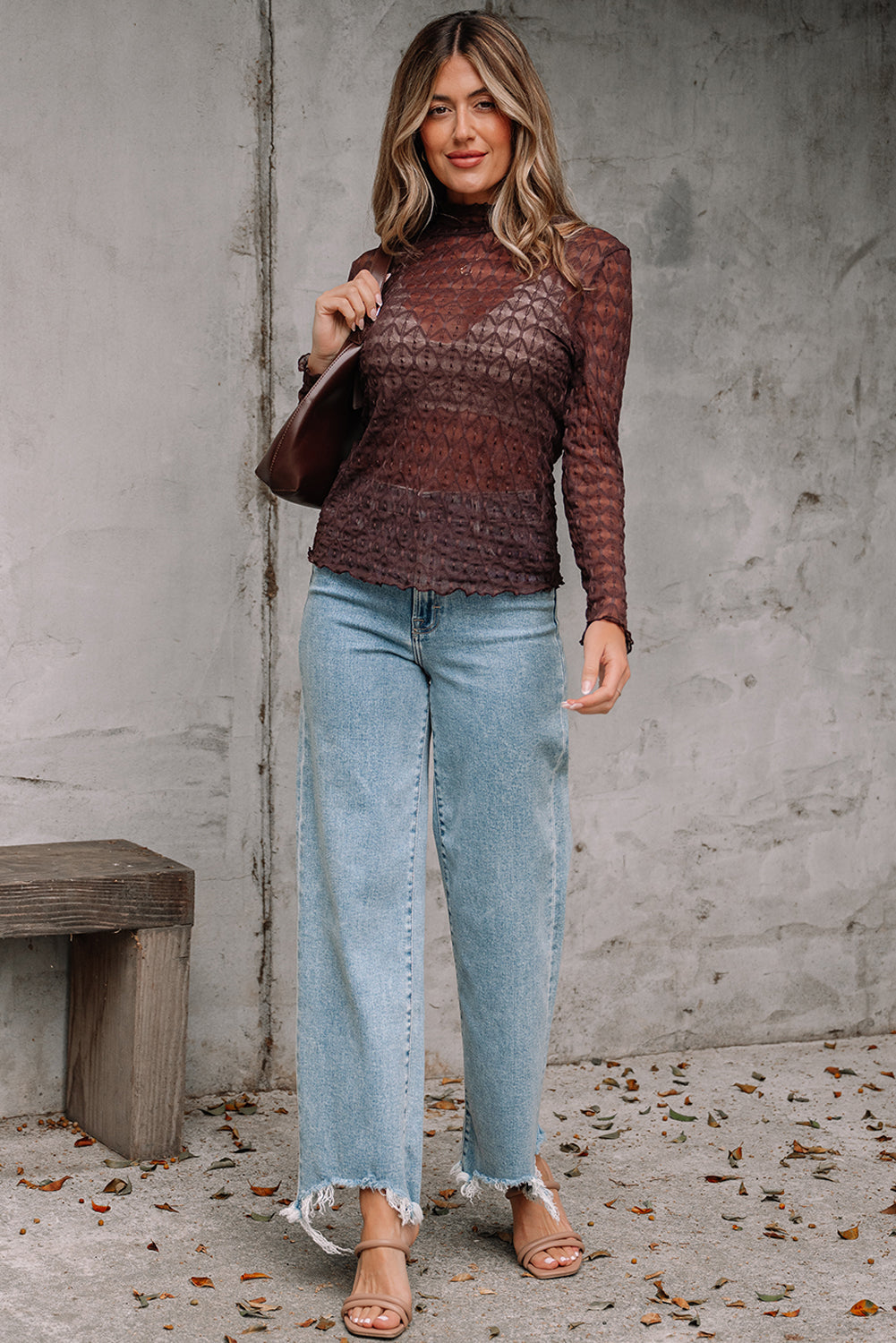 Threaded Pear Ruth Sheer Mesh Patterned Lettuce Trim Top