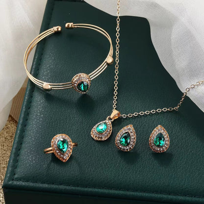 Luxury Water-Drop Gemstone 4-Piece Jewelry Set | Elegant Teardrop Necklace, Earrings, Bracelet & Ring Suite | Royal Blue/Clear Crystal Wedding Jewelry Set | Women's Formal Banquet Accessories
