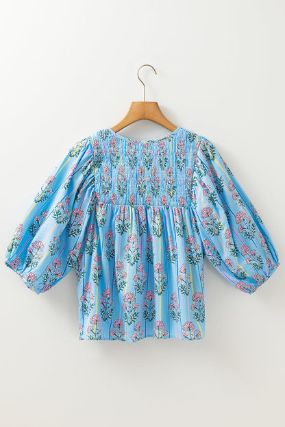 Threaded Pear Kinley Floral Shirred Yoke Split Neck Blouse