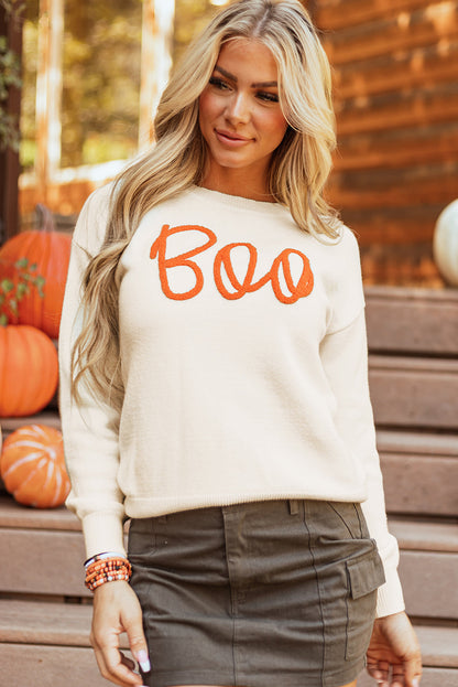 Threaded Pear Boo Knitted Pattern Ribbed Edge Sweater