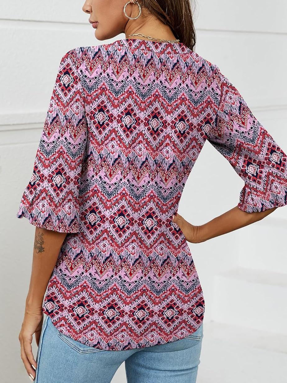 ✨Womens 3/4 Length Sleeve V-Neck Eyelet Casual Ruffle Sleeve Tunic Blouses