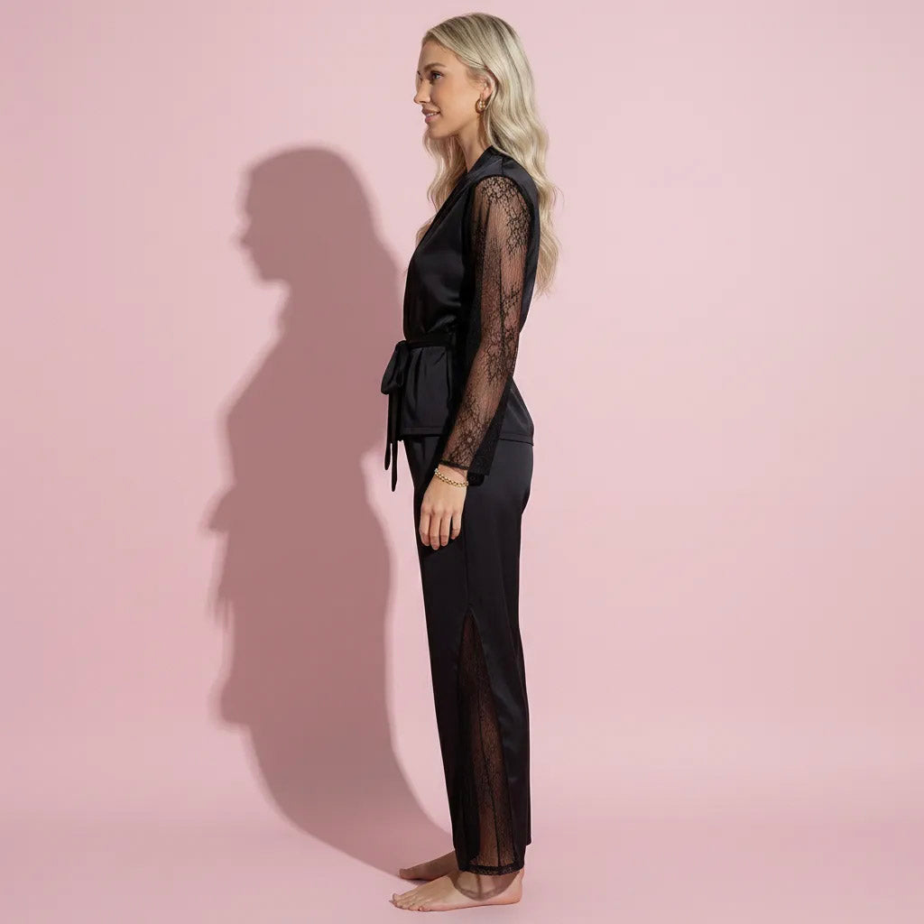 Anna-Kaci Lounge Women's Satin Pajama Set with Lace Sleeve Detail and Matching Tie-Waist Top and Straight-Leg Pants