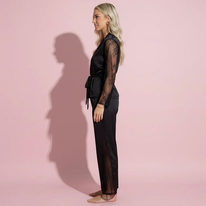Anna-Kaci Lounge Women's Satin Pajama Set with Lace Sleeve Detail and Matching Tie-Waist Top and Straight-Leg Pants