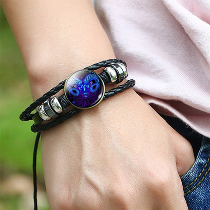 12 Zodiac Constellation Luminous Bracelet | Handmade Braided Leather Astrology Bracelet | Glow-in-the-Dark Birthday Gift for Men, Women & Kids