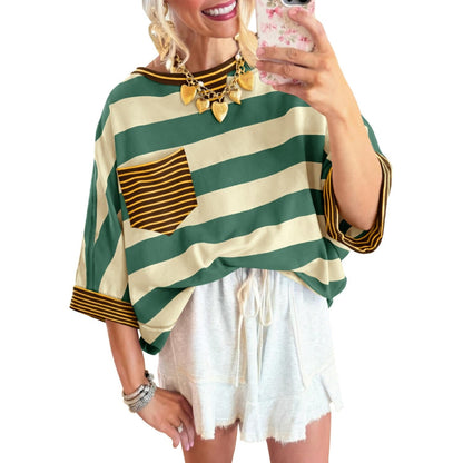 Women's T-shirts Striped Drop Shoulder Pocket T-shirt