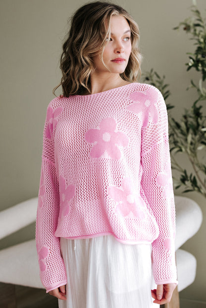 Threaded Pear Dulce Big Flower Hollowed Knit Drop Shoulder Sweater
