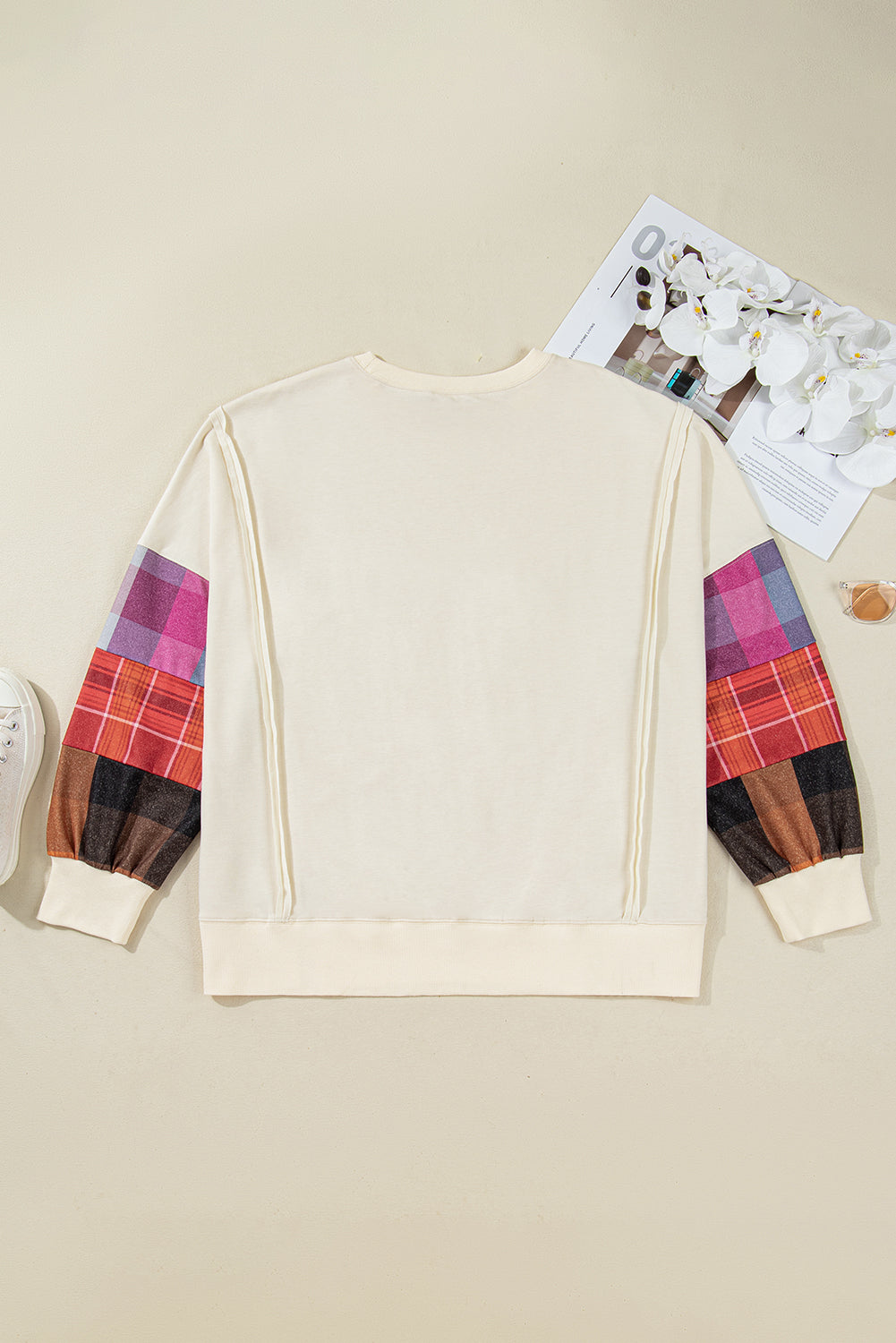 Threaded Pear Beige Plus Size Multicolor Plaid Patchwork Sleeve Pullover Top