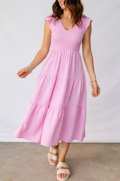 Threaded Pear Treasure Flare Tiered Midi Dress