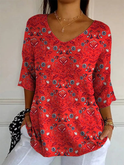 Women’s Elegant Retro Floral Print V-Neck Top | High-Sense Casual Long Sleeve Blouse | Trendy Minimalist Vintage-Style Top | Luxury-Label Statuesque Spring Wear | 2026 High-Fashion Radiant Urban Essential