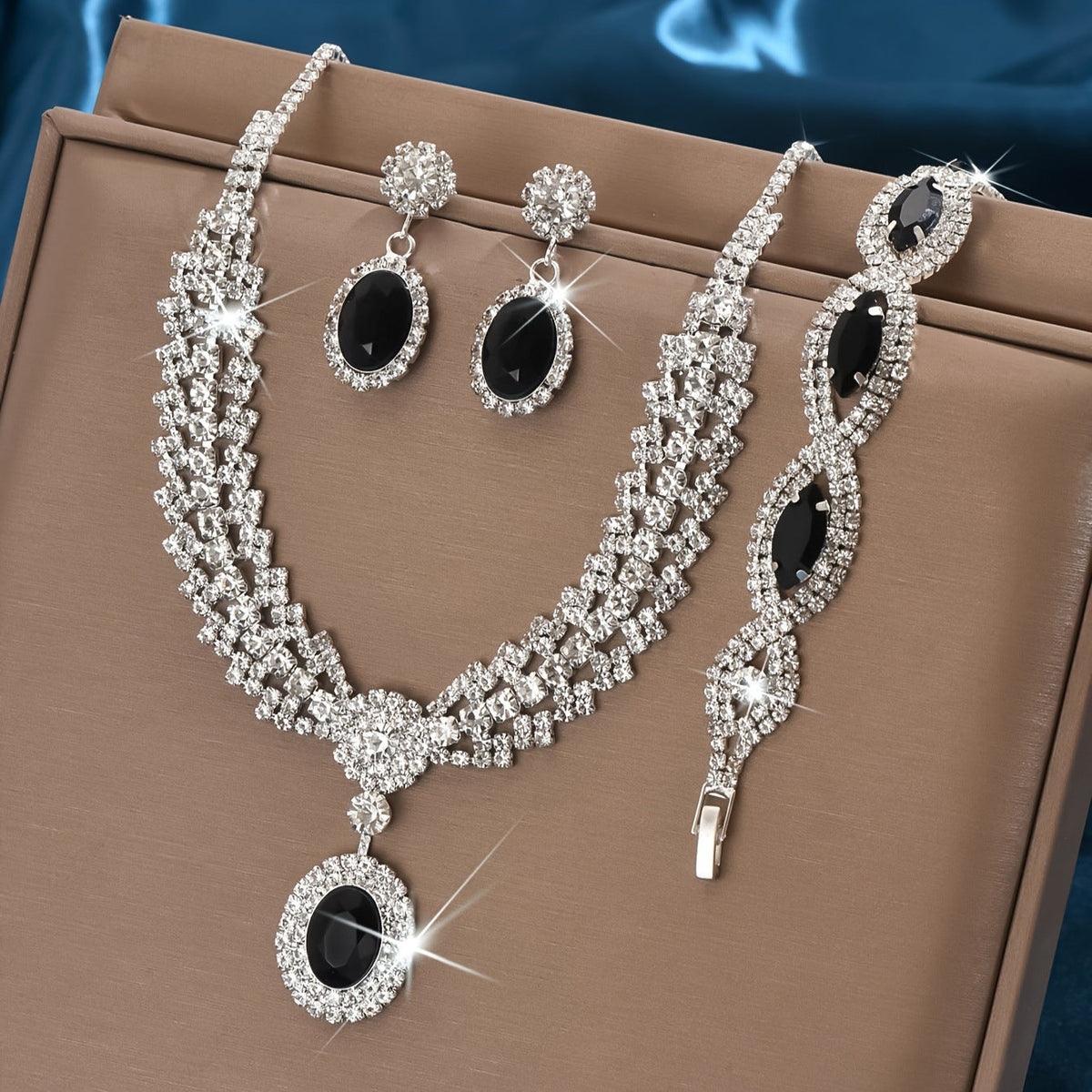 Luxury European Sapphire Jewelry Set | 4-Piece Elegant Necklace, Earrings, Bracelet & Ring Set | Deep Blue Crystal Formal Jewelry Collection | Royal Banquet Jewelry Set for Women