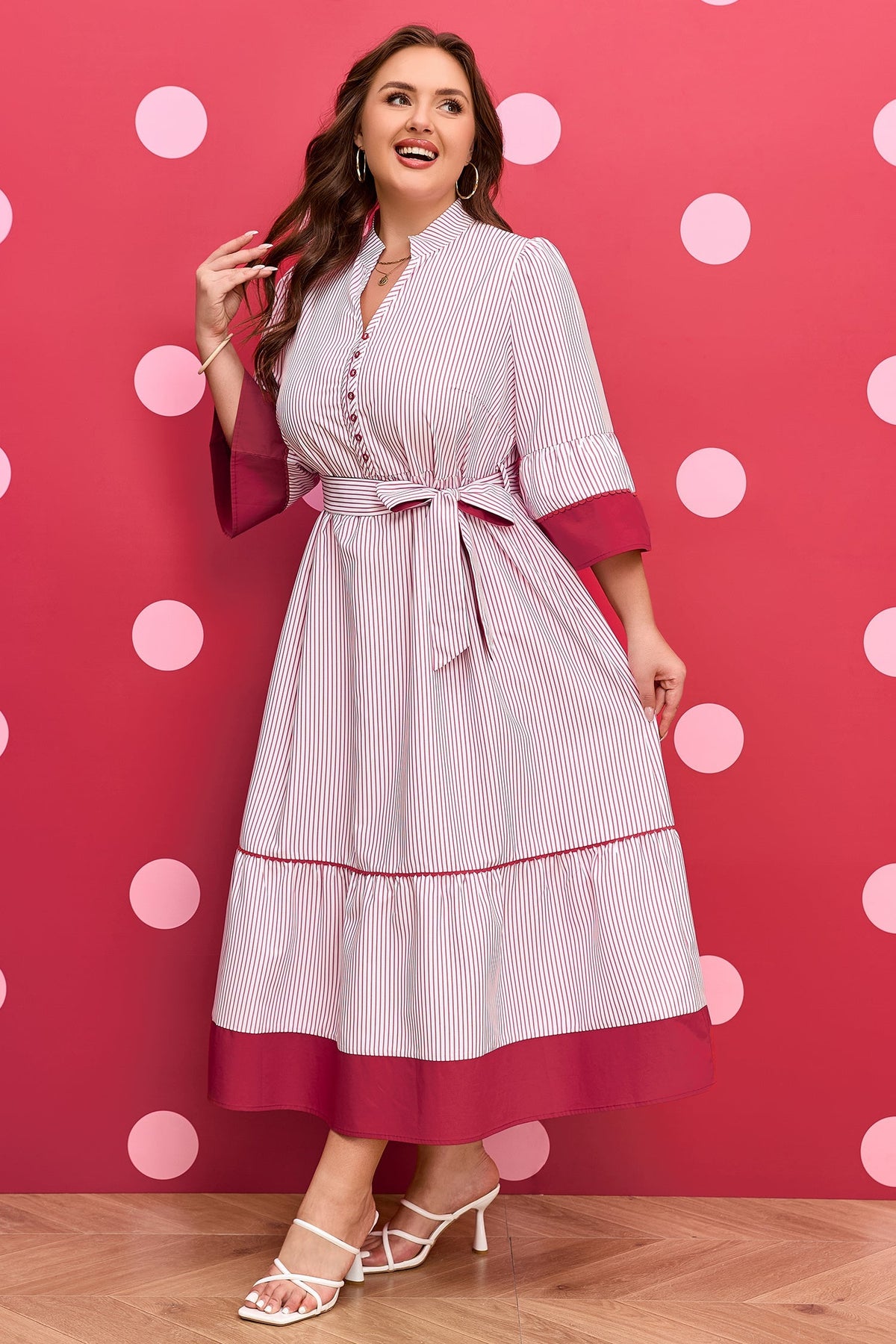 Threaded Pear Charlee Hem Pinstriped Midi PLUS Dress