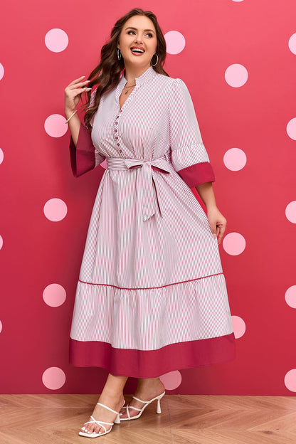 Threaded Pear Charlee Hem Pinstriped Midi PLUS Dress