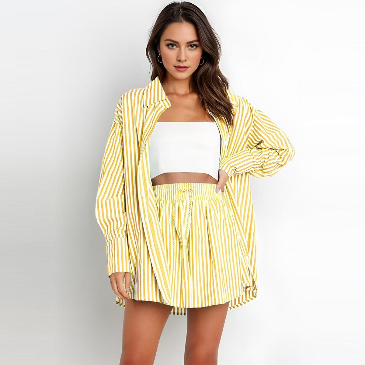 HOT SALE Striped Dropped Shoulder Shirt and Shorts Set