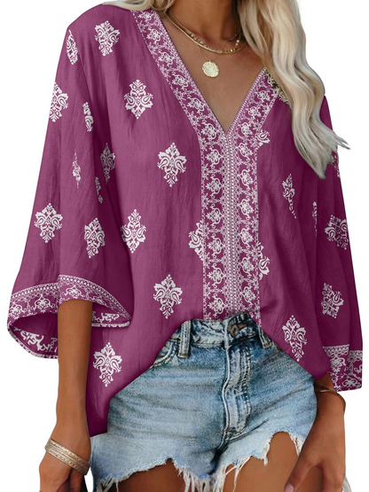 Women's Boho Embroidered V-Neck 3/4 Sleeve Blouse