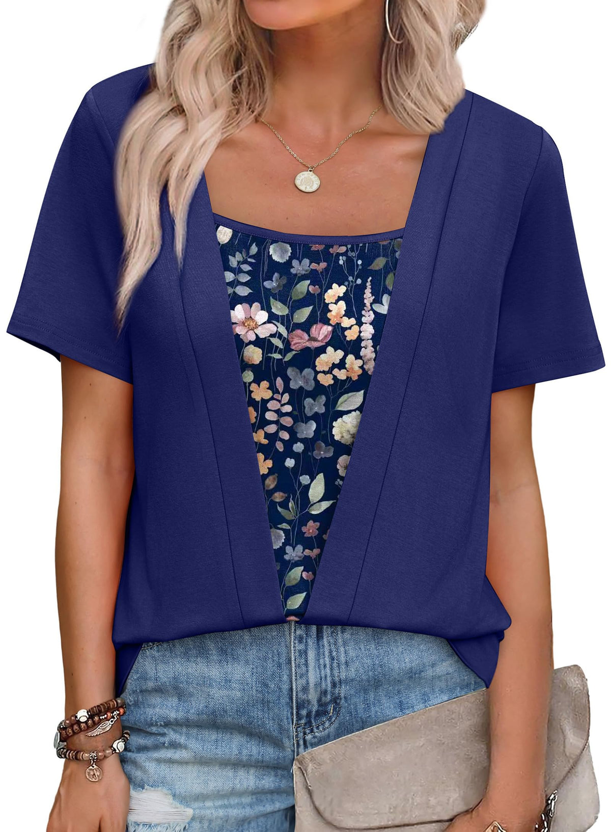 Womens Trendy 2 in 1 Blouses Short Sleeve Shirts Casual Beach Vacation Clothes