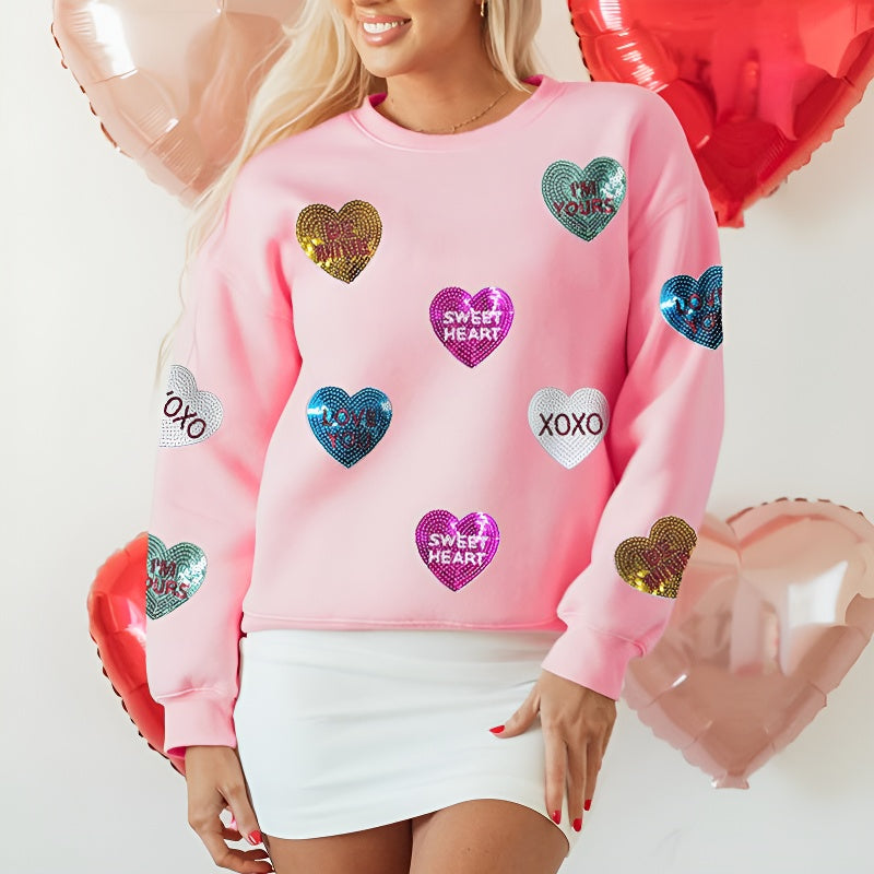 Womens Valentine's Day Sweatshirt with Heart Sequins