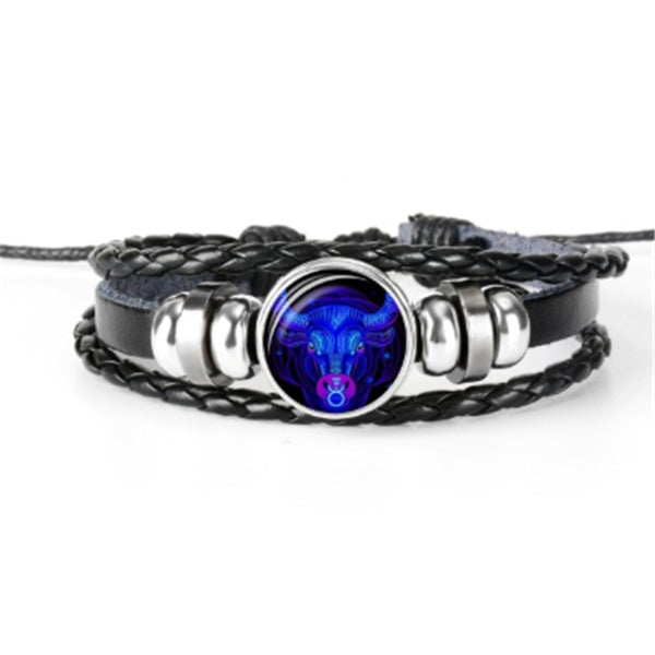 12 Zodiac Constellation Luminous Bracelet | Handmade Braided Leather Astrology Bracelet | Glow-in-the-Dark Birthday Gift for Men, Women & Kids
