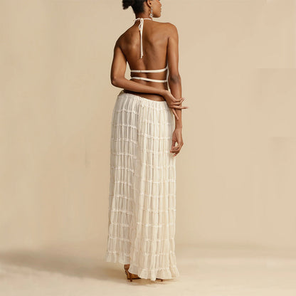 2pcs Women's Dress Suit Sleeveless Backless Cropped Halter Top And Pleated Long Skirt Beach Clothing