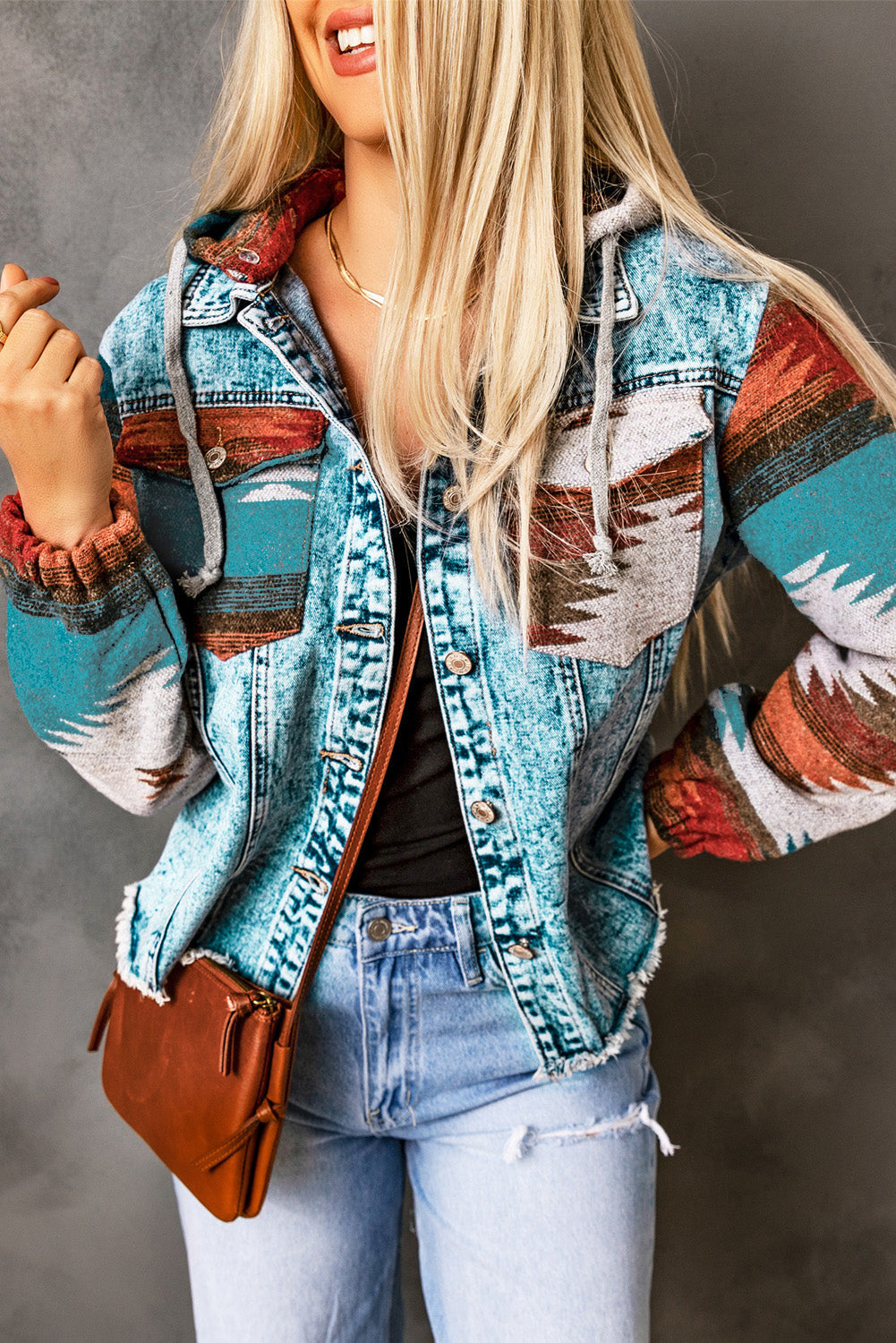 Threaded Pear Emily Print Frayed Hem Jacket