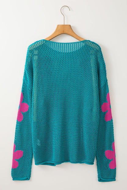 Threaded Pear Dulce Big Flower Hollowed Knit Drop Shoulder Sweater