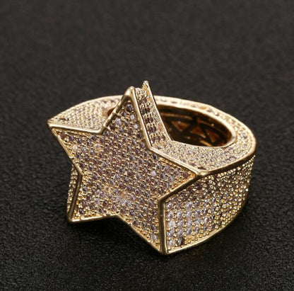 Men’s Hip-Hop Iced-Out Five-Pointed Star Ring | Full Diamond Simulant Star Statement Ring | Bold Streetwear Jewelry for Men | Luxurious Rockstar Star Band Ring
