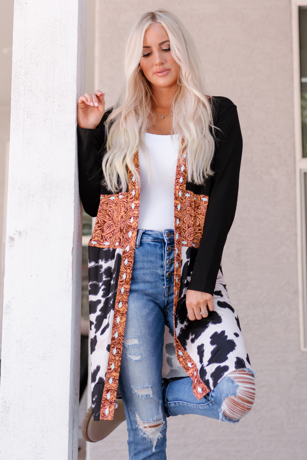 Threaded Pear Madison Patchwork Open Front Cardigan