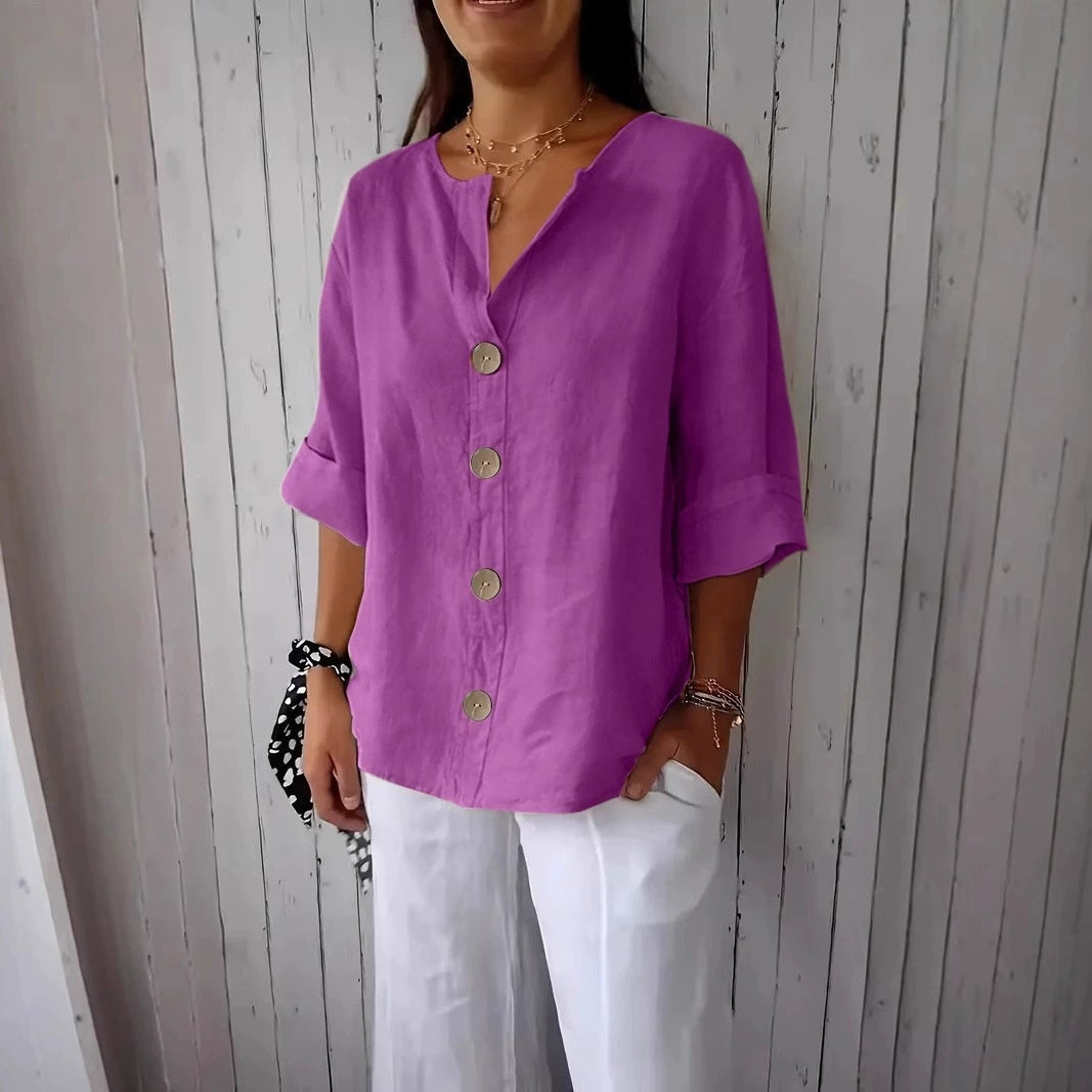 Women’s V-Neck Pullover Shirt | Casual Long-Sleeved Fashion Top | Elegant Loose-Fit Daily Blouse | Trendy Minimalist V-Neck Pullover for Ladies | 2026 High-Fashion Lightweight Autumn/Spring Top