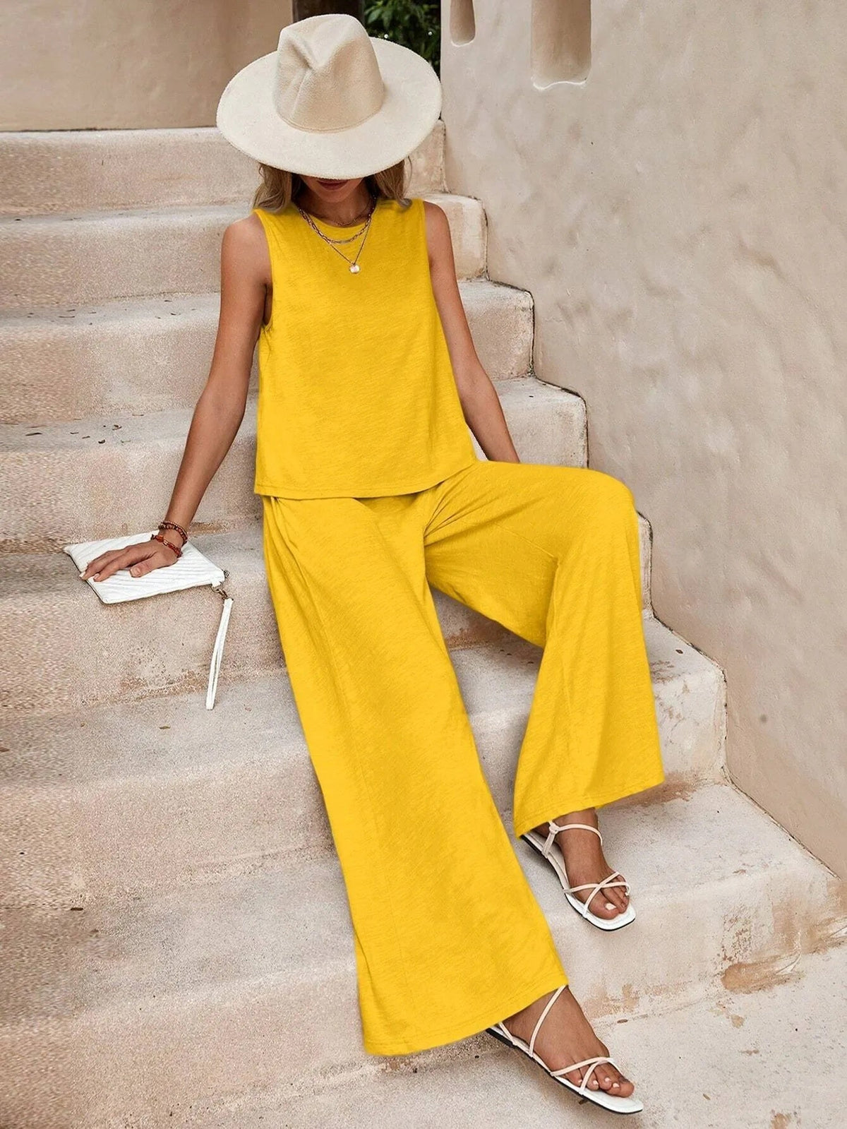 Women’s Solid Color Casual Loose Pants Set | Elegant Spring Summer Two-Piece Suit | High-Sense Breathable Full Trouser Set | Trendy Minimalist Wide-Leg Female Outfit | 2026 High-Fashion Relaxed Fit Co-ord Set