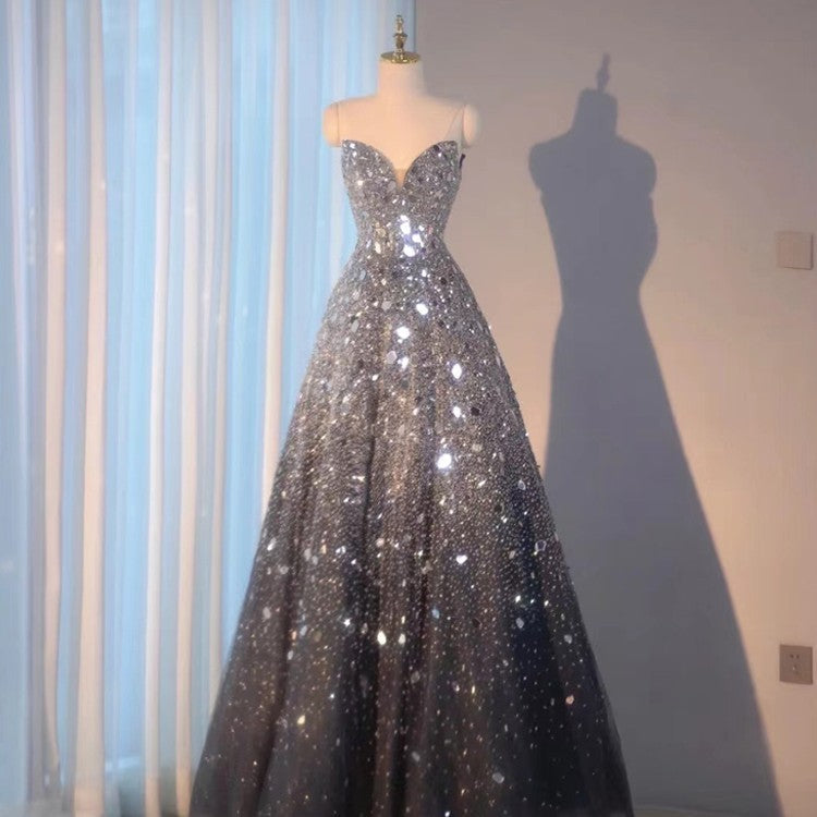 Blue Heavy Industry Wedding Evening Dress | Luxury Sequin & Bead Embroidered Gown | Elegant Floor-Length Formal Party Dress | Royal Blue Couture Banquet Gown