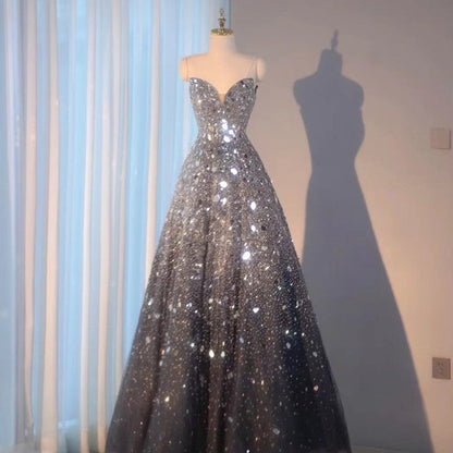 Blue Heavy Industry Wedding Evening Dress | Luxury Sequin & Bead Embroidered Gown | Elegant Floor-Length Formal Party Dress | Royal Blue Couture Banquet Gown
