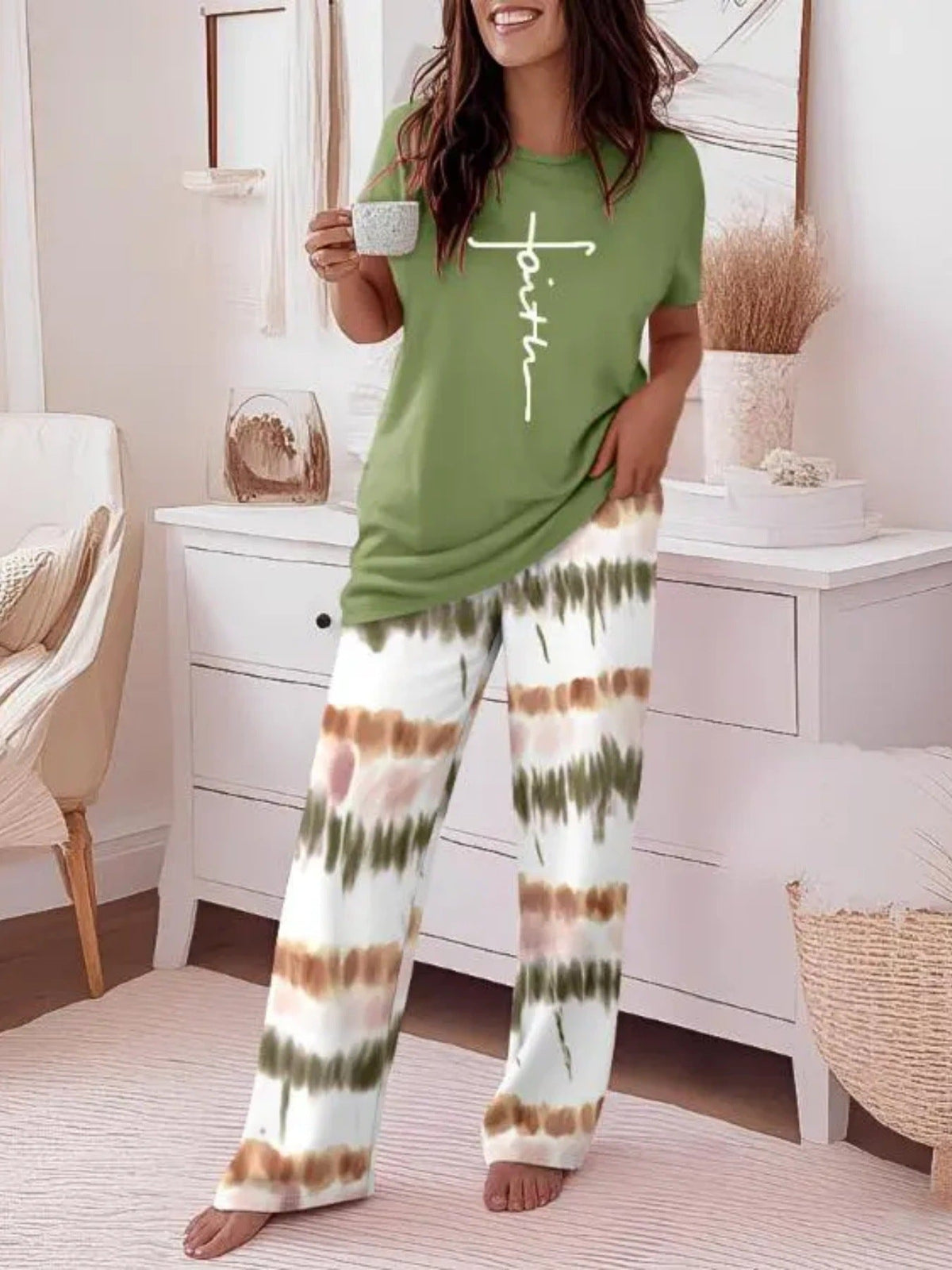 Casual Striped Print Two-Piece Set | Crew Neck Short Sleeve Top & Wide-Leg Pants Trouser Suit | Versatile Summer Loungewear & Streetwear Set for Women