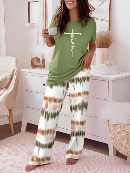 Casual Striped Print Two-Piece Set | Crew Neck Short Sleeve Top & Wide-Leg Pants Trouser Suit | Versatile Summer Loungewear & Streetwear Set for Women