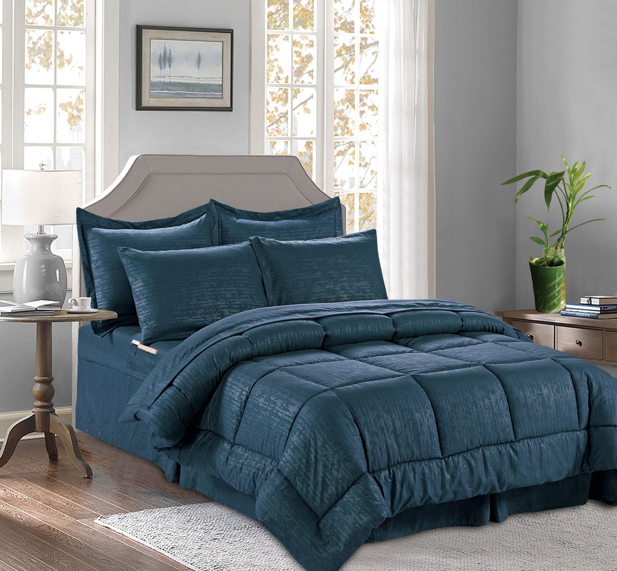 Elegant Comfort 8-Piece Bamboo Floral Pattern Comforter Set- Includes 4-Piece Sheet Set with Double Sided Storage Pockets