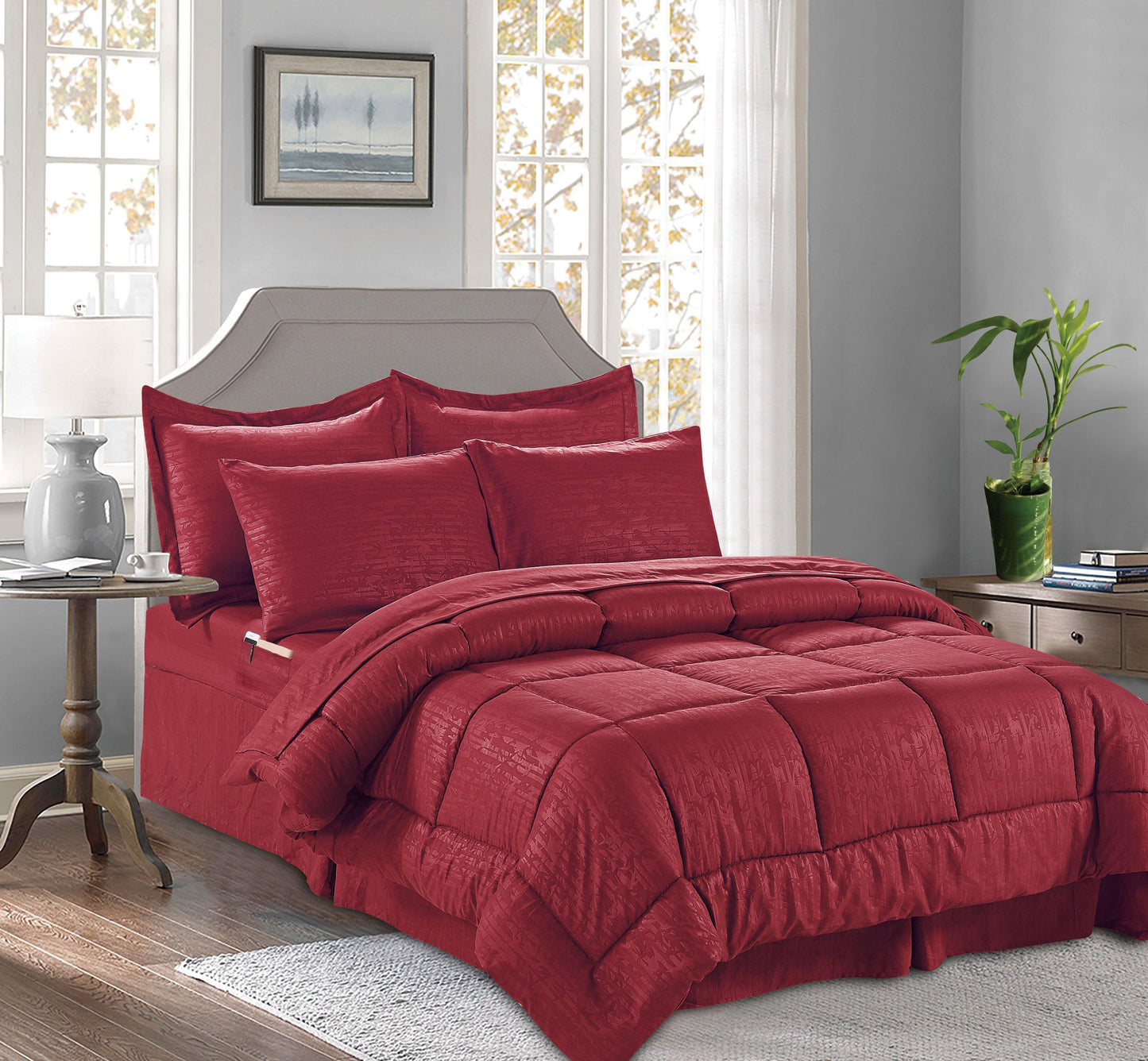 Elegant Comfort 8-Piece Bamboo Floral Pattern Comforter Set- Includes 4-Piece Sheet Set with Double Sided Storage Pockets