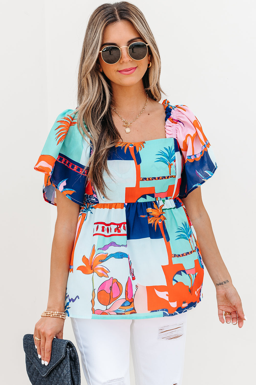 Threaded Pear Payton Tropical Flutter Sleeve Babydoll Blouse
