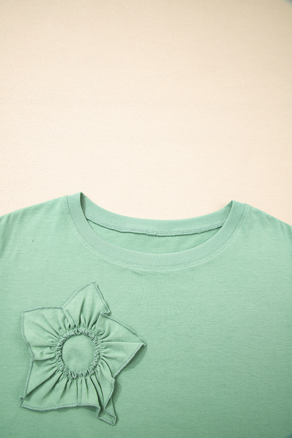 Threaded Pear Grass Green Flower Applique Mineral Wash Plus Size Top