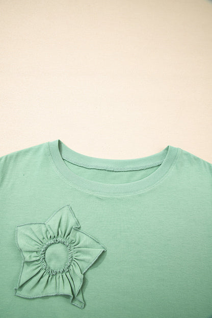 Threaded Pear Grass Green Flower Applique Mineral Wash Plus Size Top