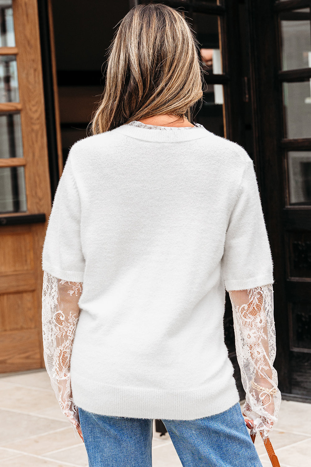 Threaded Pear Samantha Lace Sleeve Two-piece Fuzzy Sweater