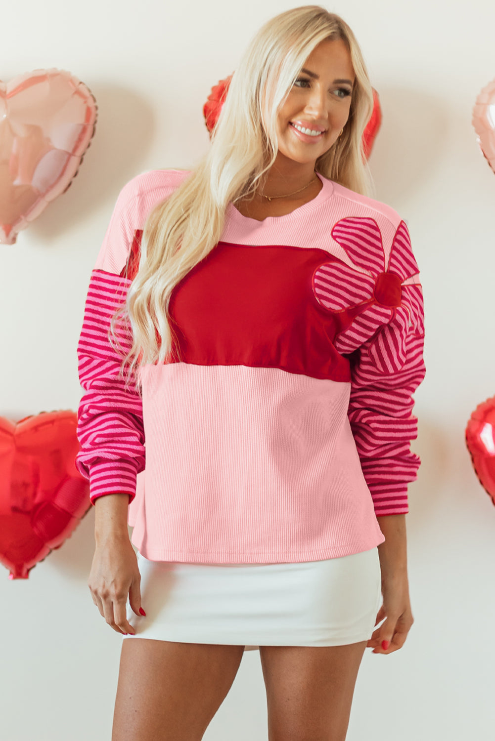 Threaded Pear Emi Striped Sleeve Textured Top