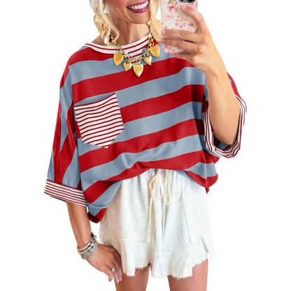 Women's T-shirts Striped Drop Shoulder Pocket T-shirt