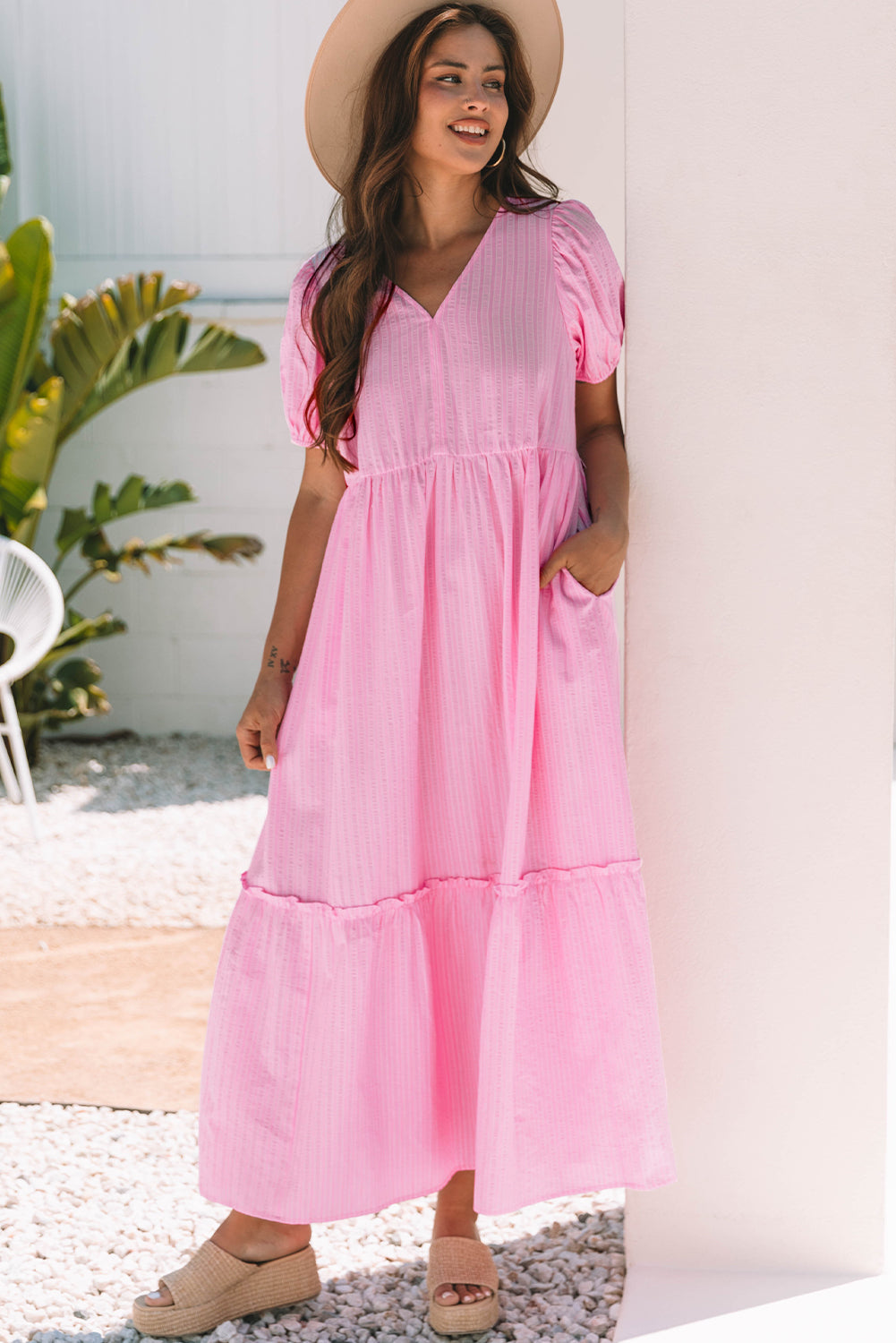 Threaded Pear Ella Stripe V Neck Puff Short Sleeve Maxi Dress